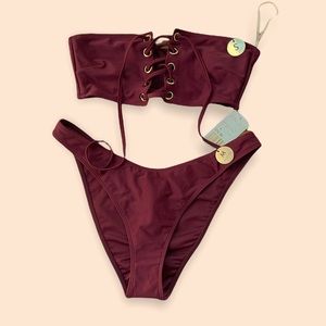 NWT Burgundy Lace-Up/High-Cut Bandeau Cheeky Bikini *BUNDLE & SAVE*